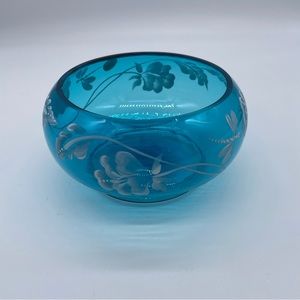 Fenton handpainted teal blue bowl. Signed.